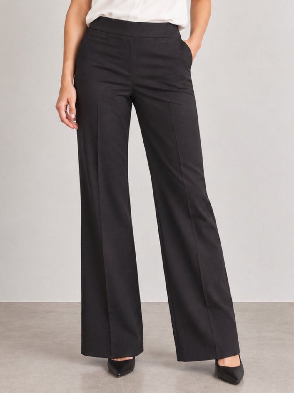 Rekucci Women Black Wide leg Dress Pant Pull On Stretch Work Trousers 14P Petite